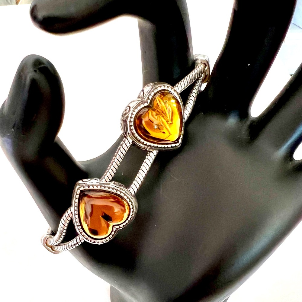 Brighton Double Heart Bracelet Amber Color Hearts Two Chains Silver Plated EUC